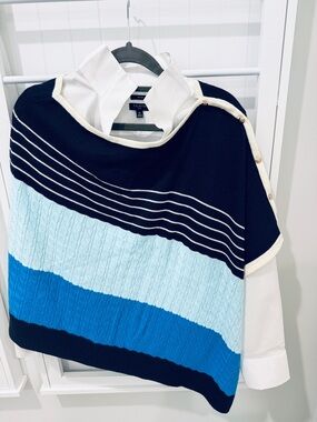 Talbots Navy, Light Blue & Bright Blue Striped Cable-Knit Poncho Cape XS/S